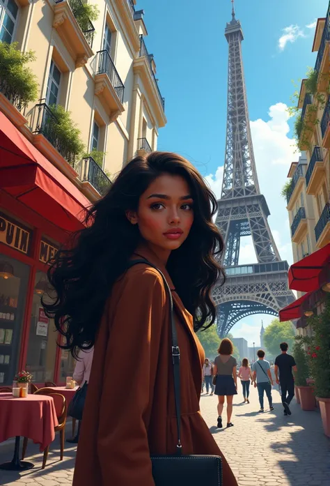 "Draw a scene of a dark-haired, dark-skinned woman exploring the wonders of Paris. Please include the Eiffel Tower in the background., Charming cafe, Cobblestone road and blue sky. Describe how you interact with your surroundings? Draw an expression that r...