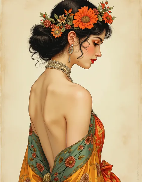 1girl,mucha art style,graphic illustration style,headwear,jewelry,pearls and jewels,d background,longuette,(womans) dress,backless dress, (highest quality、High resolution、masterpiece)、(Sargent style watercolor)、 (Alphonse Mucha)、(Ukiyo-e)、painterly、(vintag...