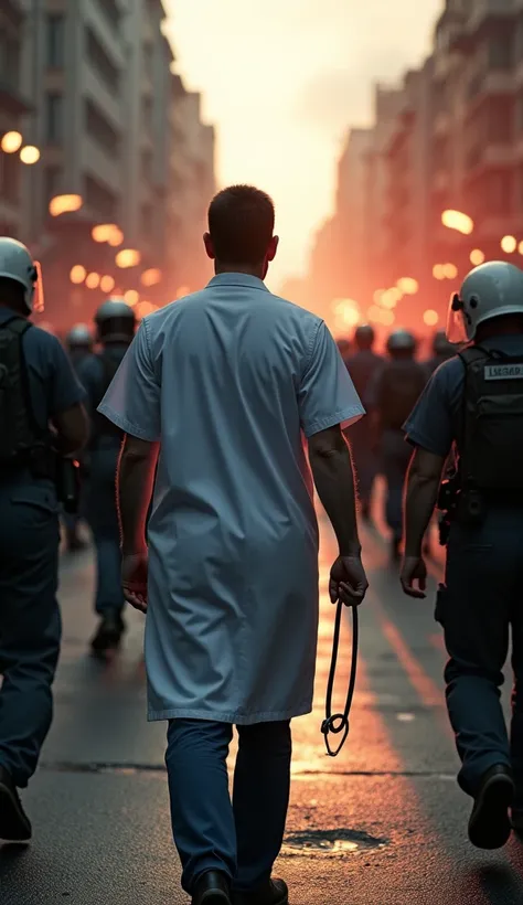 POV shot - The doctor grips a stethoscope in his hand as he walks forward toward the riot line, the noise of the crowd amplifying, his heart pounding in sync with the tension.