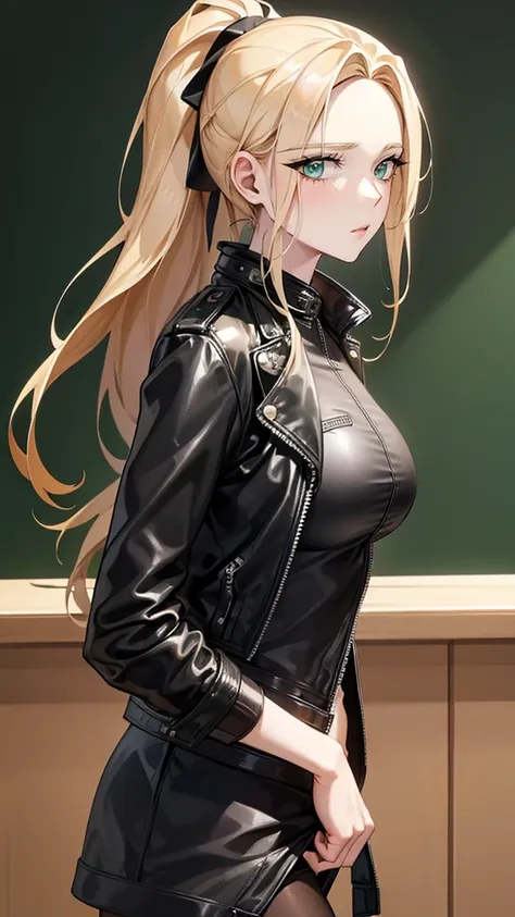 1 girl, solitary, face, portrait, long hair, ponytail, blonde hair, green eyes, large breasts, (black leather jacket:1.2) , clev...