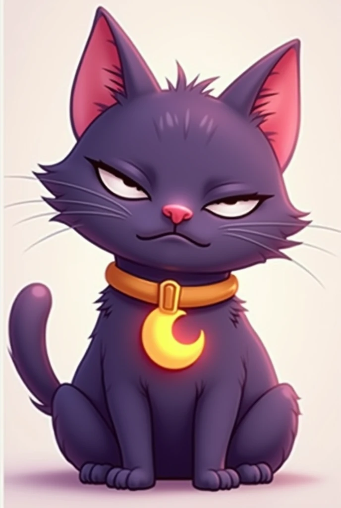 Genera una de una gato macho de color morado con color morado claro también y con un collar de media luna🌙 de color marillo brillante en el pecho al estilo de dibujo de los smiling critters como de catnap uno de los personsjes de los Smillig critters pero ...