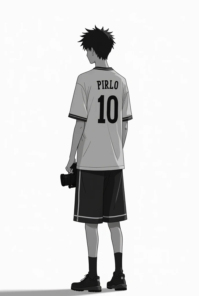 Crée-moi un personnage de mangas dans le même style que le manga ascension. Je veux que ce soit un homme qui soit dos avec un maillot floqué pirlo , numéro 10, son métier est vidéaste dans le monde du rap. En noir et blanc, jeune garçon de  très neutre san...