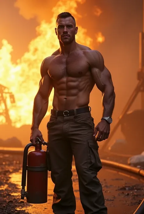 Create a 30 year old firefighter. He is topless just wearing tight pants. Muscular and holding up a fire extinguisher. He is tall and muscular. Crew cut hair. Some hair on his chest and tummy. 