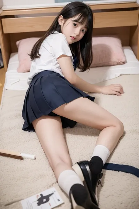 Japanese elementary school student ,cute face ,Pretty,Beloved,short skirt ,stocking,shoes, full photo, bed,lying down,1st grade elementary school, Looking at you with affection