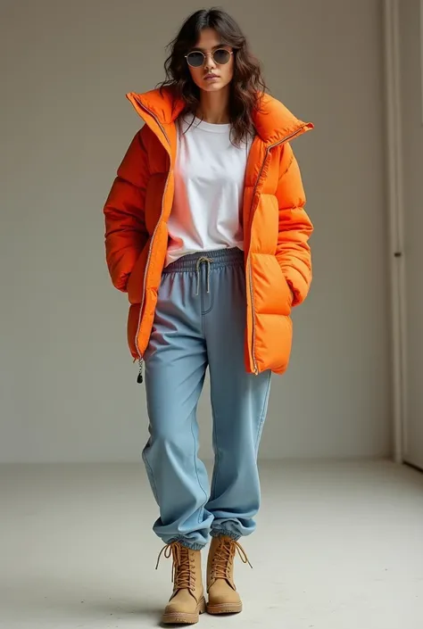 A person wearing an open orange puffer jacket, very light blue pants, white t-shirt and sand colored boots