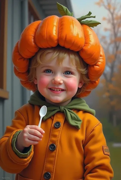 
Oil painting style similar to Renoir。
Smiling child。Wearing a pumpkin hat。
Dressed up for Halloween and holding a small plastic spoon
