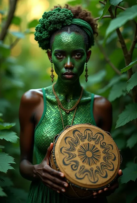 A Creole woman with green scales on her face with a drum 