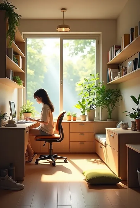 Two-by-four-meter room of a girl who studies environmental engineering, She likes nature, el mindfullness, minimalist style, Warm light and sport