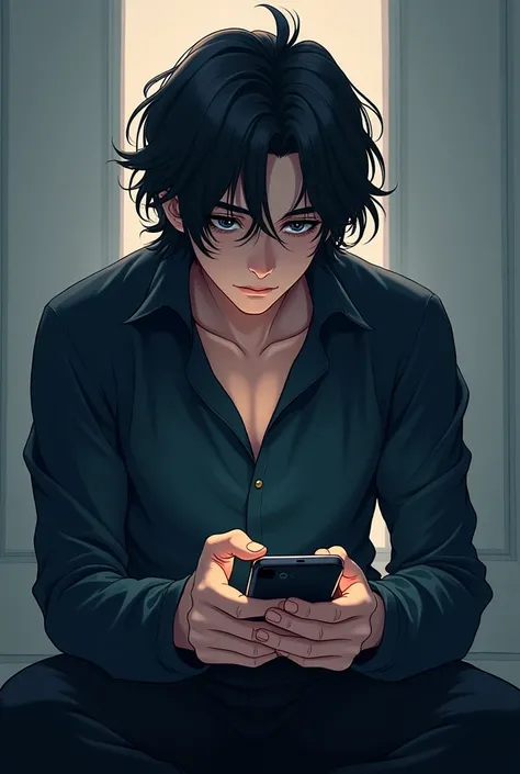 Create a male character with long, curly hair down to his shoulders, a 2D anime character wearing headphones playing on his cell phone, and black clothes with dark skin.