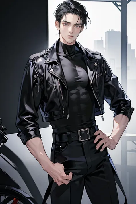 anime - (masterpiece), best quality, seductive eyes, mature face, black eyes, short slicked back black haircut, plain black t shirt, black leather jacket, black pants, tall man, long legs, masculine, broad shoulders, adult-like, full body, hands on hips, b...