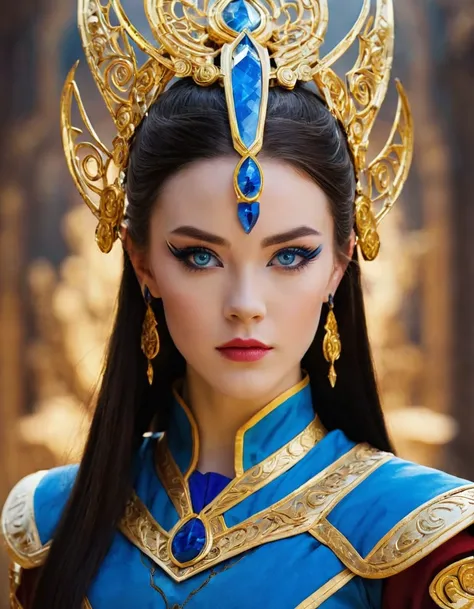 beautiful young woman, cosplay azula from avatar the last airbender, long dark hair, intense blue eyes, detailed face, intricate makeup, ornate headpiece, royal blue and gold costume, dramatic pose, dynamic lighting, cinematic composition, fantasy art styl...