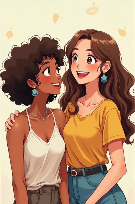 there are two young women, a short girl with brown skin with brown curly hair and a tall white girl with brown wavy hair are smiling, the photo is in anime genre