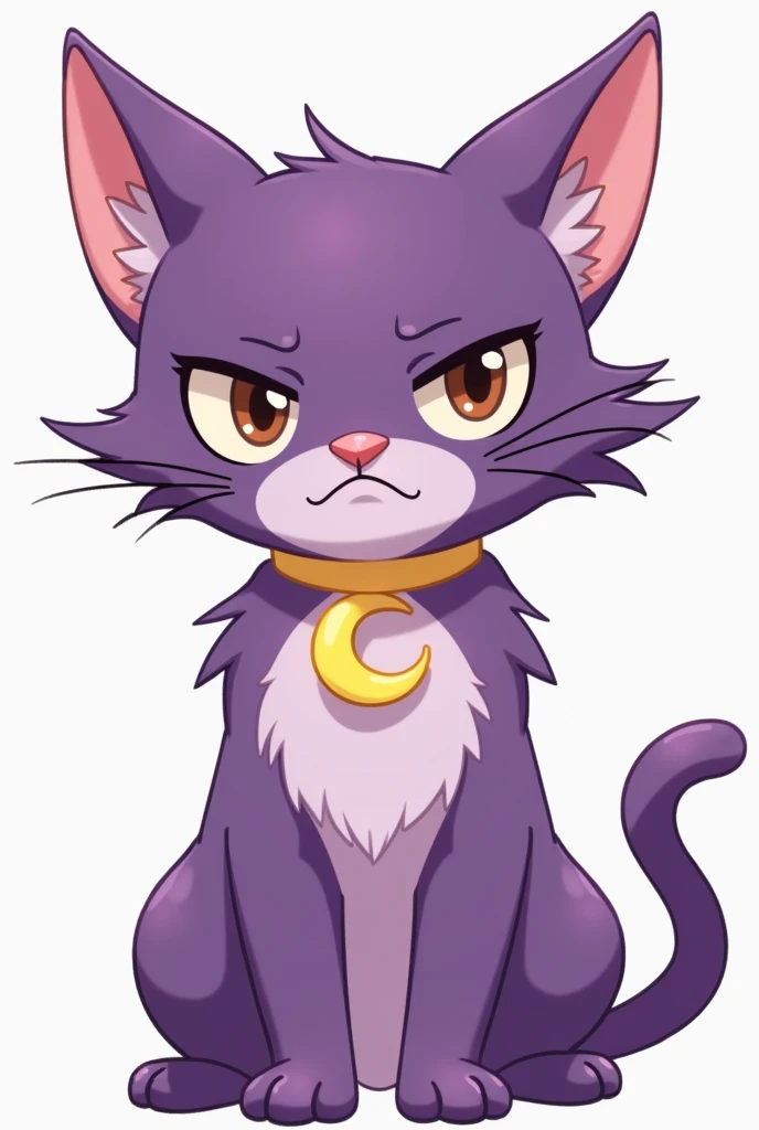 Genera una de una gato macho de color morado con color morado claro también y con un collar de media luna🌙 de color marillo brillante en el pecho al estilo de dibujo de los smiling critters como de catnap uno de los personsjes de los Smillig critters pero ...