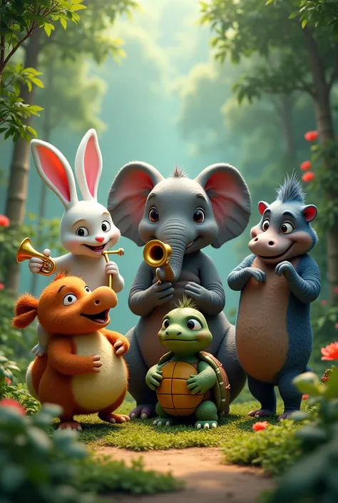 Imagine a forest environment, where there is a group of animals and a white rabbit named Pinki playing the trumpet, a big elephant playing the trombone, a blue bird called whistle playing a flute, a turtle named Noisy playing the drums and a hippo named Be...