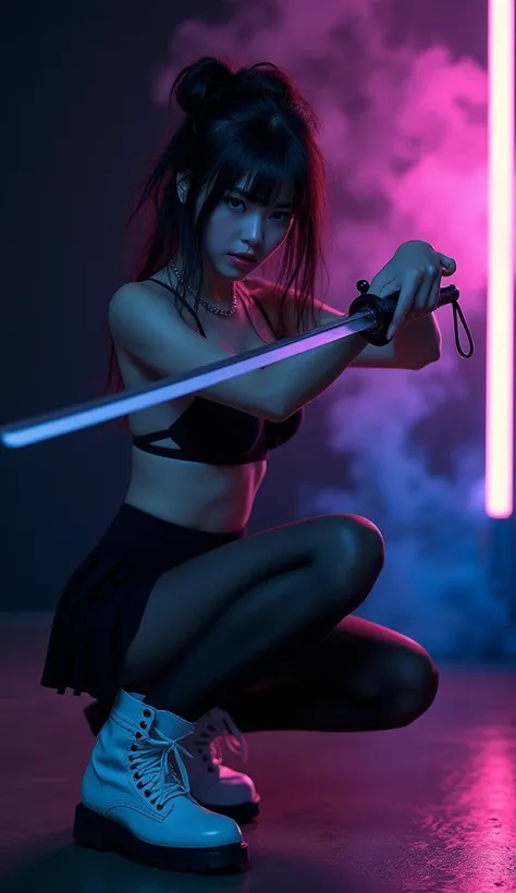 masterpiece, Best Quality, super rendering, super Realistic, High Detail Face, Clean and delicate face, whole body, Crouch and swing a long sword,  girl seductive pose, wearing a camisole and pleated mini skirt, bare ass, open legs, Sleeveless, black panty...