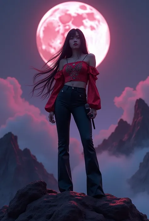 Create an image of a pretty Japanese woman with long hair flowing in the wind, wearing a shiny red top with puffed sleeves and embroidered on the chest, paired with high-waisted black pants, holding microphone. She is posed dramatically atop a dark, reflec...