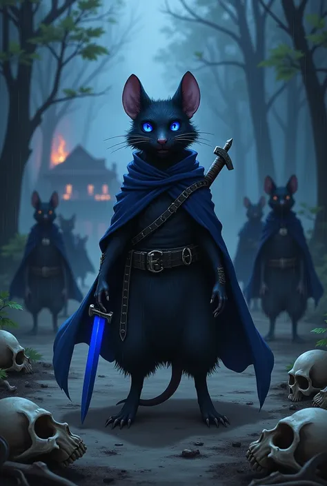 Black rat, アニメ, olho grande estilo アニメ, forest in the background, fog in the background, chuva fraca, machete with blue blade tip, black clothing, blue cloak, skulls on the floor, village in the background, brave face, village house on fire in the backgrou...