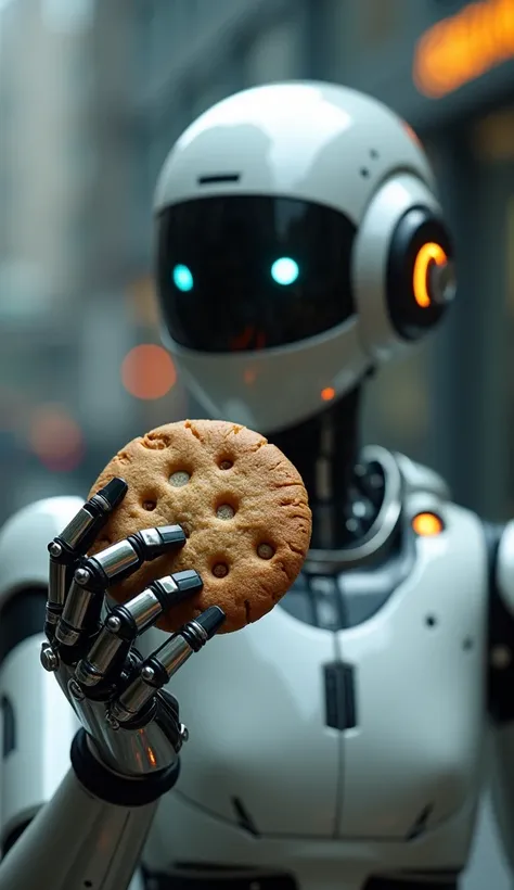 A robot holding a plump brown cookie in ithand; brown cookie in a robot&#39;hand, an android holding a fat chocolate cookie in ithand; realisitic; 4K; ANDROID; Professional photographer; best photographer in the world; android holding a brown cookie; Techn...