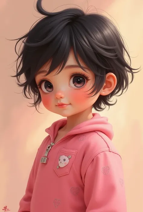 A baby with black hair and pink clothes