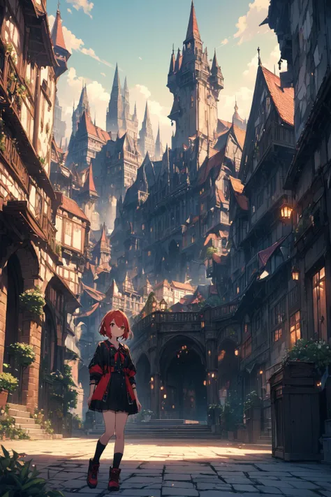 high resolution、fantasy city background,i girl ,red short hair,whole body,