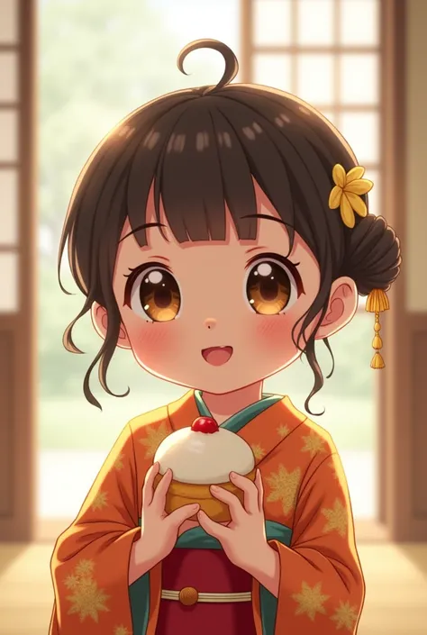 
Live-action anime-style smiling child。Holding a cream puff。
Kimono