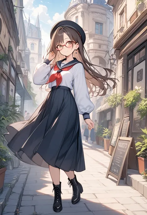 1girl, solo, long hair, looking at viewer, blush, smile, bangs, skirt, brown hair, shirt, black hair, long sleeves, hat, brown eyes, jewelry, closed mouth, standing, full body, white shirt, earrings, boots, outdoors, shoes, glasses, solo focus, day, puffy ...