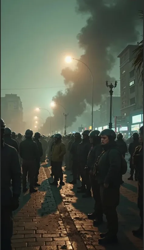 POV shot - The young doctor grips a stethoscope in his hand as he walks forward toward the riot line, the noise of the crowd amplifying, his heart pounding in sync with the tension.Track + subject - The camera follows him from front , moving toward the Rio...