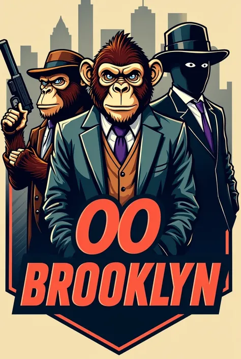 A traditional team logo whose team name is 00 brooklyn AND has an armed monkey, gangster 1980 and masked 