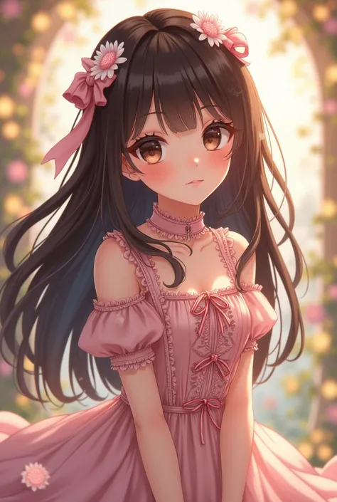 
cute  anime girl with olive skin with lolita clothes too 

just like that but with long dark brown hair, dark brown eyes and a little bit darker skin color