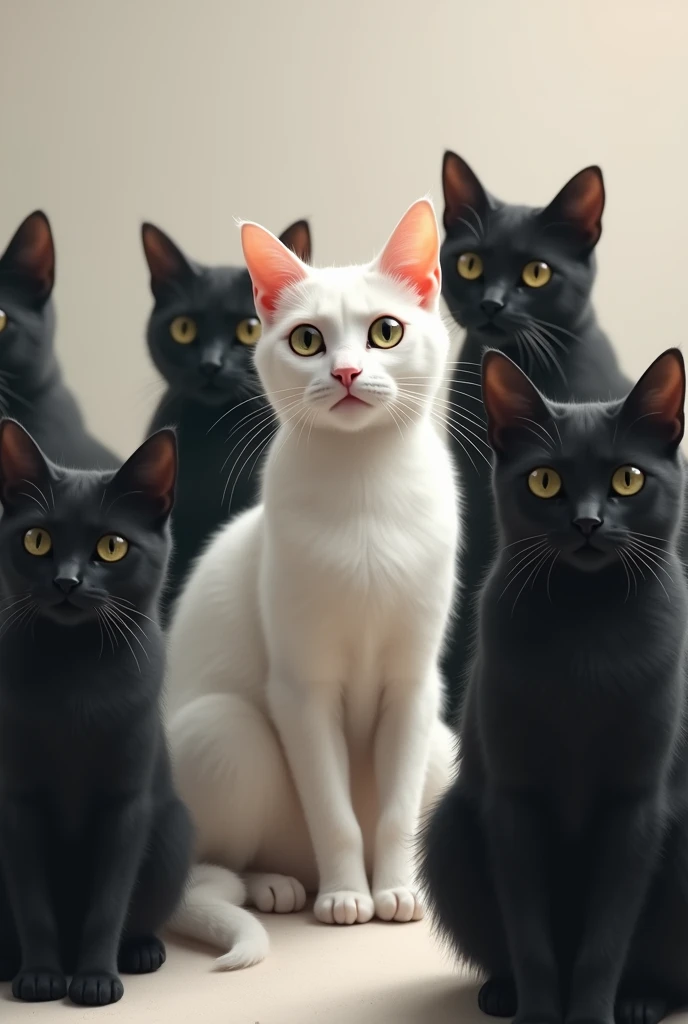 White cat with black cats