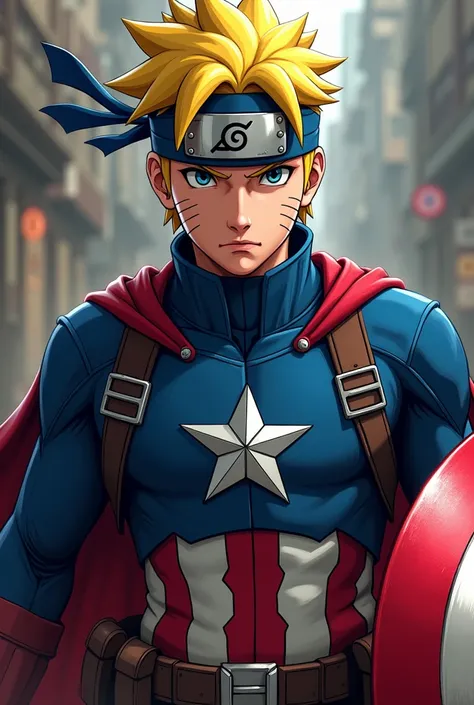 a naruto character wearing a captain america costume, 1person, superhero, anime, illustration, (best quality,4k,8k,highres,masterpiece:1.2),ultra-detailed,(realistic,photorealistic,photo-realistic:1.37),HDR,UHD,studio lighting,ultra-fine painting,sharp foc...