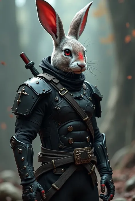 Dark fantasy full body a realistic rabbit samurai with high-resolution red, grey and black, rabbit head, tactical suit, mech details, techwear