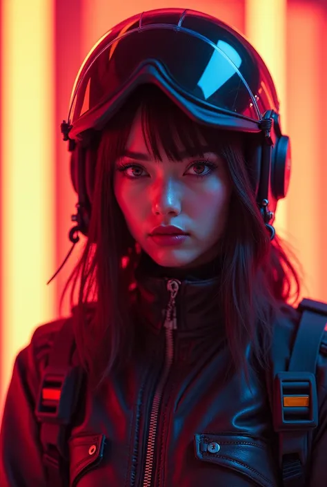 A highly detailed, ultra-realistic portrait of a female pilot wearing a flight helmet and jacket, looking directly at the viewer, against a colorful, high-contrast background with flat colors and a cyberpunk aesthetic, in a cowboy-style shot focusing on th...