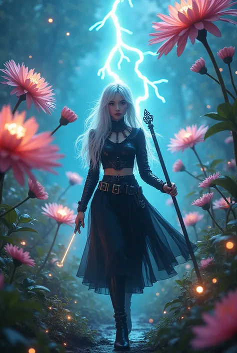 An Award-Winning Masterpiece, (photo realistic) A young woman in her 20s, styled in a maximalist dark fashion with bold accessories, is set against a surreal, otherworldly garden where the flowers are enormous and luminescent, and the air is filled with fl...