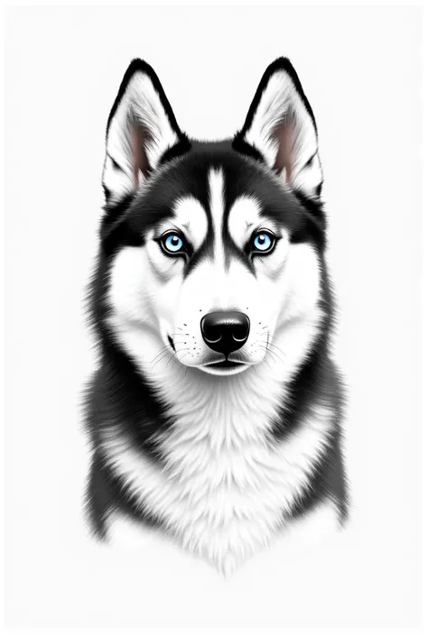 Delicate drawing of a black and white Siberian husky with blue eyes from the front 