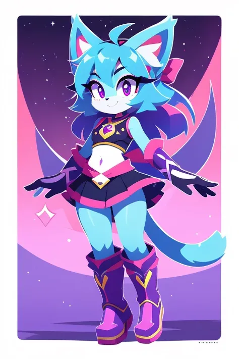 complete body, face perfect, cabelo roxo, star guardian, purple and cyan eyes, bright purple eyes, long eyelashes, cyan blue fur...