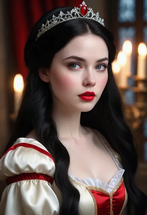 a beautiful young snow white princess, detailed portrait, face focus, red lips, long black hair, pale skin, rosy cheeks, fantasy, high quality, 8k, detailed, photorealistic, glamorous, elegant, intricate, dramatic lighting, moody, cinematic, glowing skin, ...