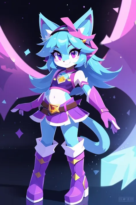 complete body, face perfect, cabelo roxo, Star Guardian, purple and cyan eyes, bright purple eyes, long eyelashes, cyan blue fur, cyan blue cat ears, ssmile doce,tummy,arms ,flegs ,waist,feet,boots casual adventurer outfit. purple and cyan hair, fake cat e...