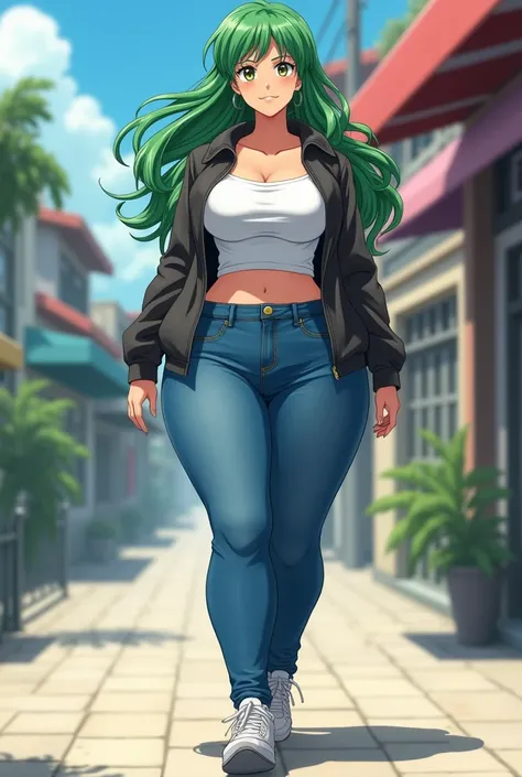 Thick thighs Anime woman green hair walking jeans 