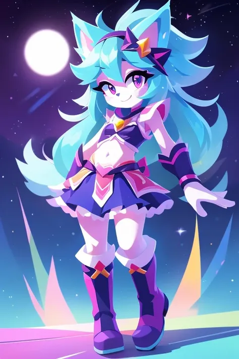 complete body, face perfect, cabelo roxo, Star Guardian, purple and cyan eyes, bright purple eyes, long eyelashes, cyan blue fur, cyan blue cat ears, ssmile doce,tummy,arms ,flegs ,waist,feet,boots casual adventurer outfit. purple and cyan hair, fake cat e...