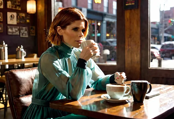 Kate Mara (sheer cute outfit, laptop on table, sipping a cup of coffee) is sitting at a table in a sci fi coffee shop, a coffee brewing droid moves between tables, morning sun through window
