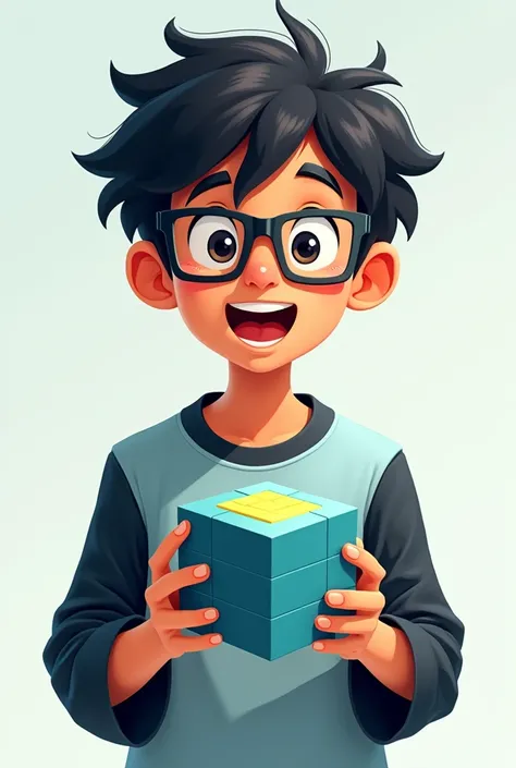 Make a teenage boy with black hair wearing glasses also wearing a light blue and black garment, holding a Geometry Dash cube in his hands but looking at the cube happy and surprised but do it in 2d, that is, a drawing 