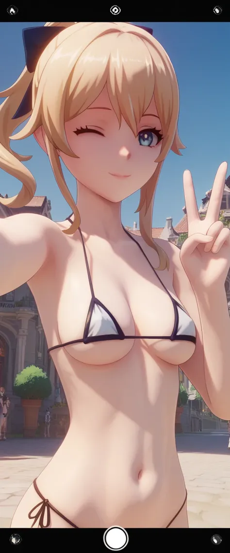 Jean Genshin Impact game style, 3D,micro tiny bikini, selfie, user interface, fake screenshot, viewfinder,smiling, winking,one peace sign  