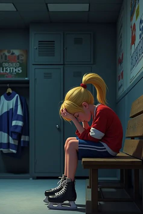 Riley from inside out teenager, blonde, ponytail in the hockey locker room alone, resting head on her hand. Emotion sad or depressed about hockey