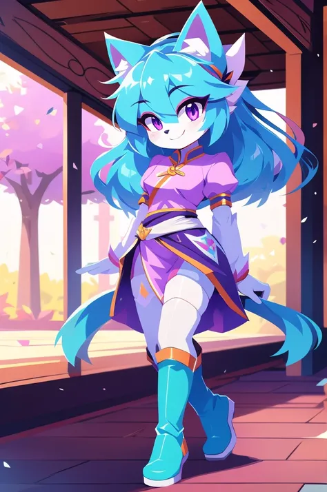 complete body, face perfect, cabelo roxo, Star Guardian, purple and cyan eyes, bright purple eyes, long eyelashes, cyan blue fur, cyan blue cat ears, ssmile doce,tummy,arms ,flegs ,waist,feet,boots casual adventurer outfit. purple and cyan hair, fake cat e...