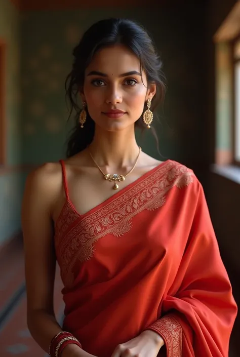 (photorealism:1.2), north Indian woman in a red saree, spaghetti type blouse, deep neck, navel piercing.