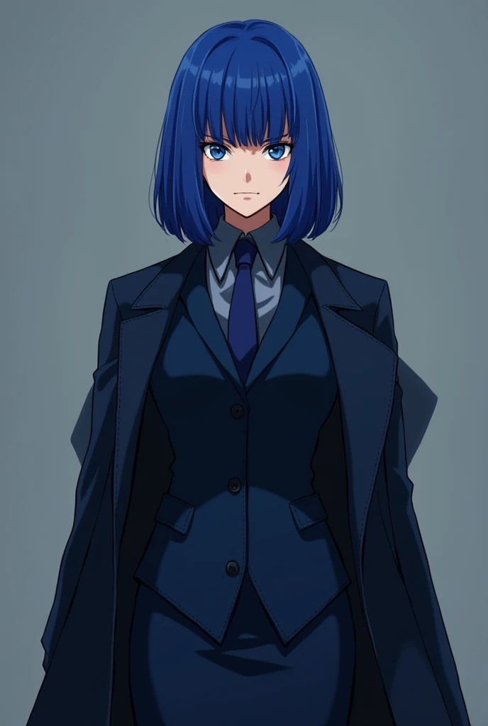 Girl with blue hair, bangs on the sides of the cheekbones, bare front, small forehead,by the wide, waist length hair,blue eyes, rhombus-shaped iris,SERIOUS LOOK, navy blue suit, blue skirt and long trench coat, panel bungou stray dogs 