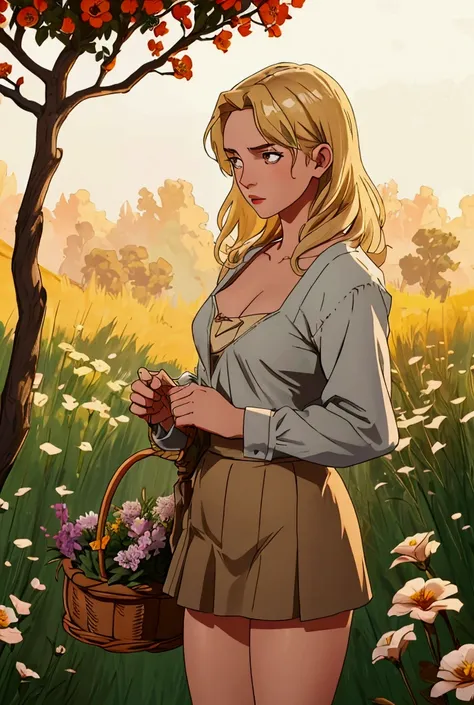 a young shepherdess in simple, rustic clothing, holding a small basket of flowers or herbs, symbolizing her connection to nature...