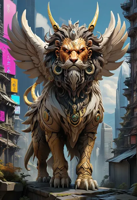 a towering cyberpunk lamassu gracefully strides down a bustling futuristic street, its imposing presence commands attention as i...