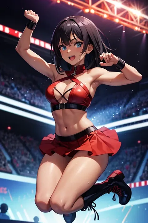 Anime Art、Full body portrait、Professional wrestling ring、Dark Skin、A dark-skinned female martial artist, about 1, about 160cm tall, wearing a red bustier and a red miniskirt, jumping、Medium length hair down to shoulders、Black Hair、almondeyes、Blue Eyes、Open...